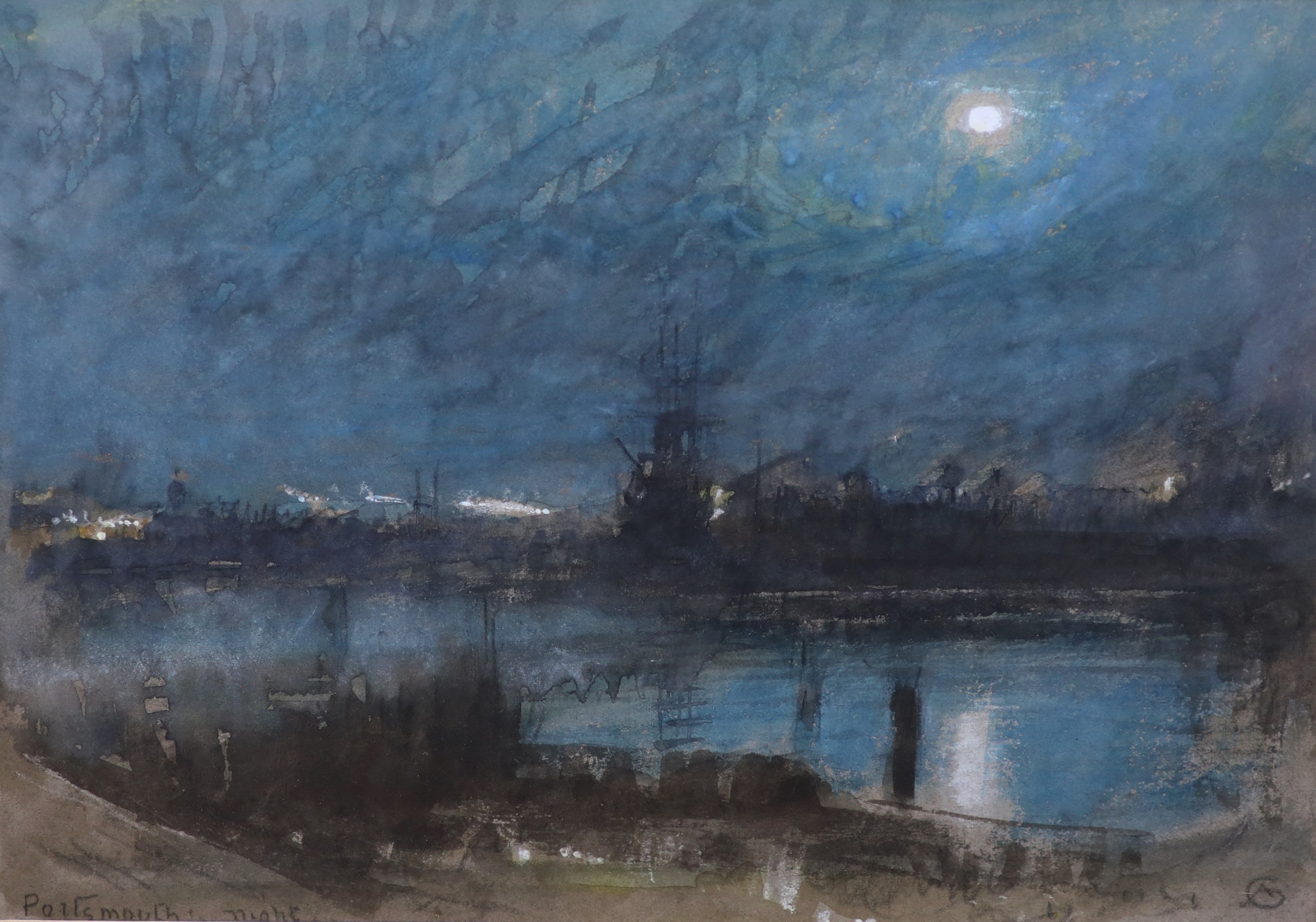 Albert Goodwin RWS (British, 1845–1932), ‘Portsmouth Harbour - Night’, watercolour on grey paper, 18 x 26.5cm